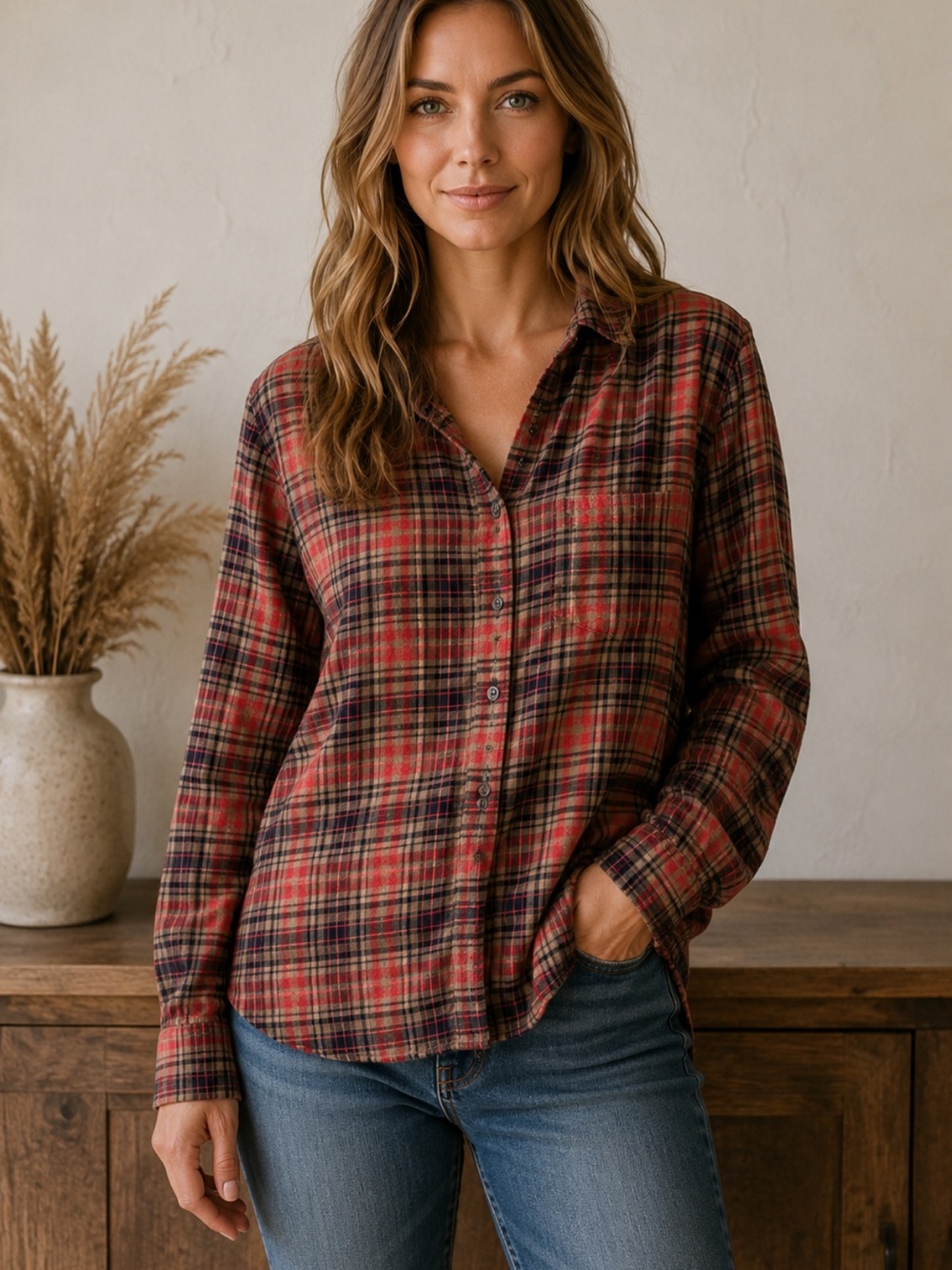 ASPESI Tartan Flannel Long Sleeve Button Down Shirt Red Brown Size 44